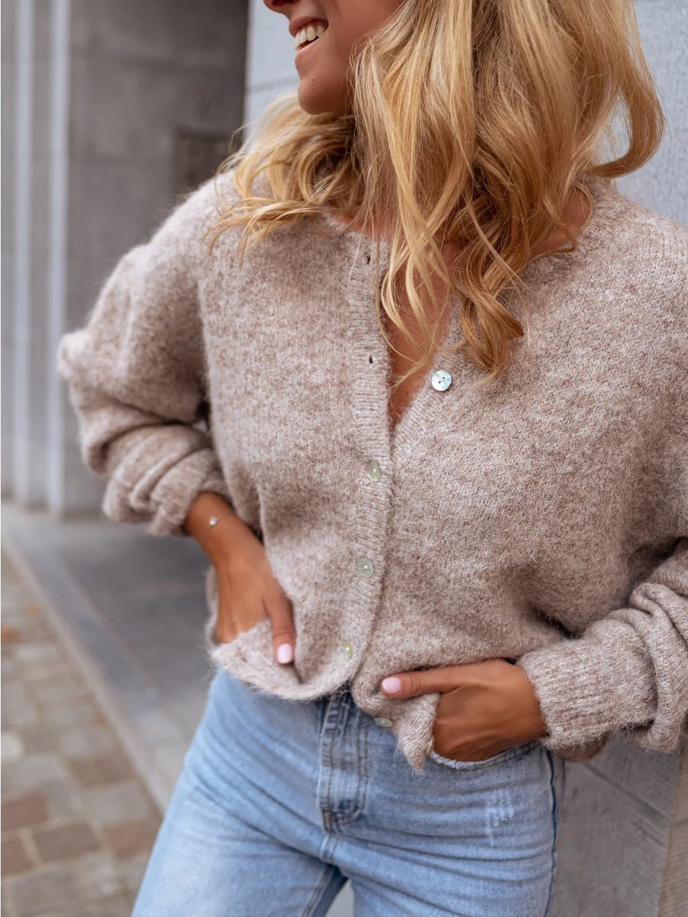 Wool-Blend Beige Sweater Cardigan